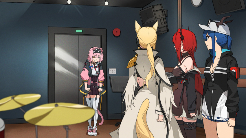 4girls animal_ears arknights bare_shoulders black_thighhighs blonde_hair breasts cat_ears cat_tail ch'en_(arknights) ch'en_the_holungday_(arknights) cleavage clenched_hands dragon_horns eyewear_on_headwear goldenglow_(arknights) hairband hat highres horns horse_ears horse_tail jacket jason_kim multiple_girls nearl_(arknights) nearl_the_radiant_knight_(arknights) off_shoulder pink_hair skirt surprised tail thighhighs white_thighhighs yellow_eyes zettai_ryouiki