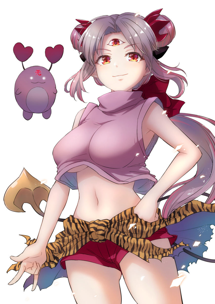 1girl 3x3_eyes \m/ animal_print ayanokouji_pai ayanokouji_pai_(cosplay) blush breasts clenched_hand closed_mouth commentary_request cosplay cowboy_shot creature crop_top demon_horns demon_tail glowing glowing_eyes gradient_hair grey_hair highres honey_strap horns jyaco large_breasts long_hair looking_at_viewer medium_bangs midriff multicolored_hair nanashi_inc. navel parvati_iv parvati_iv_(cosplay) pink_hair pink_shirt pointy_ears print_cape red_horns red_shorts shirt shorts sidelocks simple_background sleeveless sleeveless_shirt smile solo suou_patra tail third_eye tiger_print transparent_background turtleneck underboob virtual_youtuber waist_cape