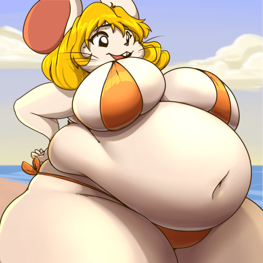 1:1 2023 absurd_res anthro ashley_graham_(resident_evil) beach big_breasts bikini blonde_hair breasts capcom clothing digital_media_(artwork) female fur garuda_six hair hi_res huge_belly huge_hips huge_thighs mammal mouse moushley murid murine navel obese obese_anthro obese_female overweight overweight_anthro overweight_female resident_evil rodent seaside solo swimwear thick_thighs white_body white_fur