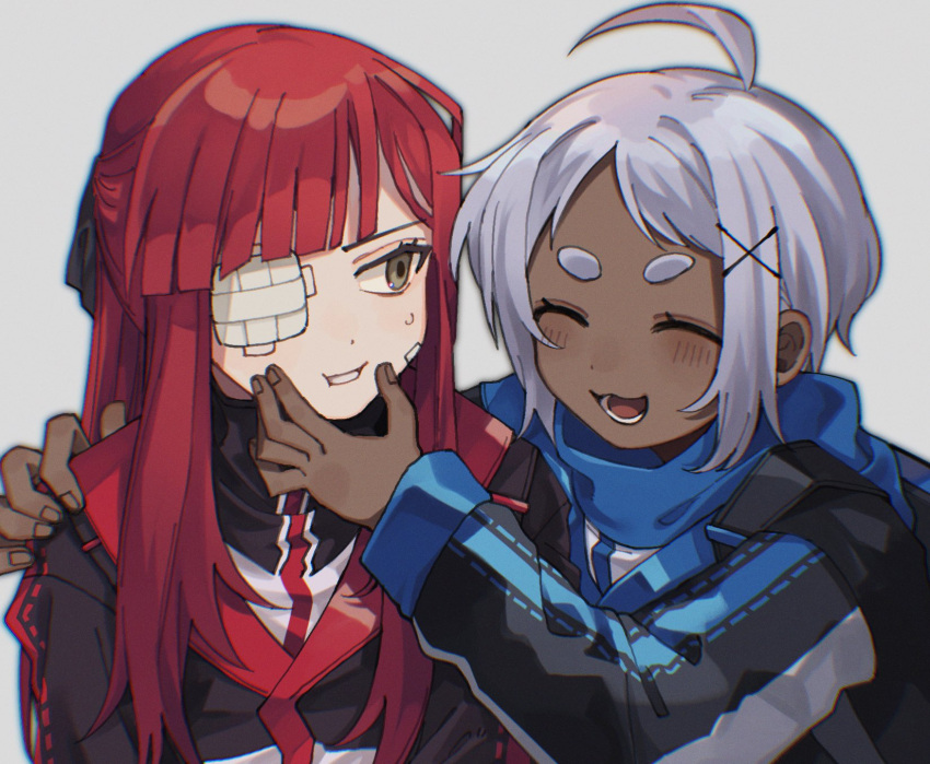 2girls ahoge aya_(limbus_company) backpack bag black_bag black_bow blue_jacket bow closed_eyes dark-skinned_female dark_skin eyepatch grey_eyes hair_bow hand_on_another's_face hand_on_another's_shoulder highres jacket limbus_company long_hair multiple_girls one_eye_covered parted_bangs project_moon red_hair red_jacket sahata_saba smile white_hair yuri_(limbus_company)