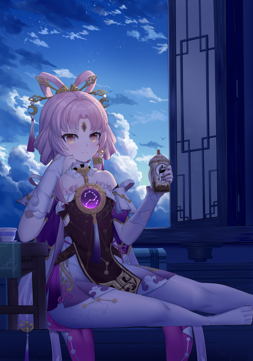 1girl absurdres apron bare_shoulders bird bubble_tea chinese_clothes cloud cloudy_sky constellation cup facial_mark feet forehead_mark fu_xuan_(honkai:_star_rail) gold_trim gradient_eyes hand_on_own_cheek hand_on_own_face highres holding holding_cup honkai:_star_rail honkai_(series) light_blush light_smile looking_at_food low_twintails multicolored_eyes pink_hair pink_ribbon pink_rope purple_tassel ribbon rope sitting_on_bench sky skym_(kumei) smile solo table tablecloth tassel teacup thighhighs thighs twintails waist_apron white_sleeves white_thighhighs wooden_bench wooden_table