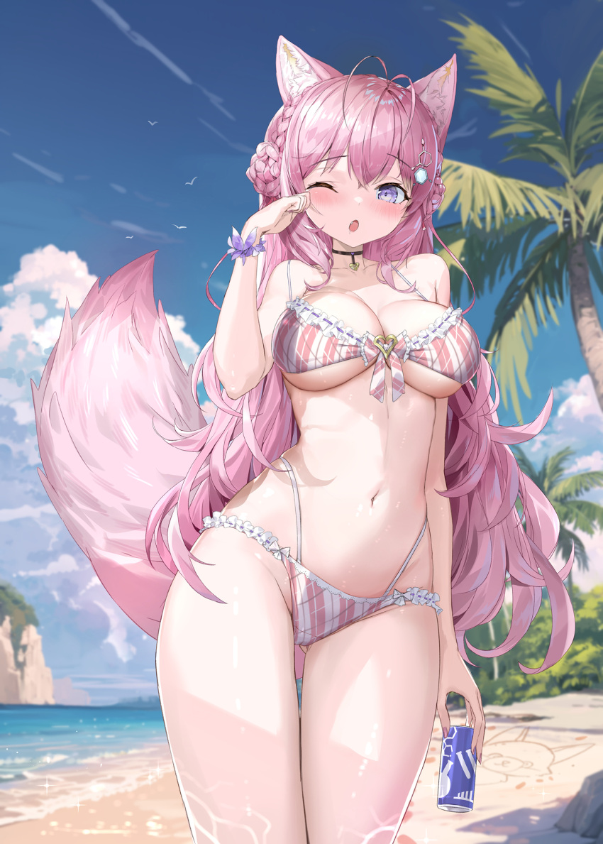 1girl animal_ears antenna_hair bare_shoulders beach bikini bird black_choker blush bow bow_bikini braid braided_bun breasts can choker cloud collarbone crown_braid crystal_shoujo day double_bun fingernails frilled_bikini frills front-tie_bikini_top front-tie_top hair_bun hakui_koyori heart heart_choker highleg highleg_bikini highres holding holding_can hololive horizon kokoro_(hakui_koyori) large_breasts linea_alba long_hair looking_at_viewer multi-strapped_bikini nail_polish navel ocean one_eye_closed open_mouth pink_bikini pink_hair pink_nails pink_tail purple_eyes purple_wristband rubbing_eyes sand seagull solo standing stomach swimsuit tail thighs virtual_youtuber white_bow wolf_ears wolf_girl wolf_tail wristband