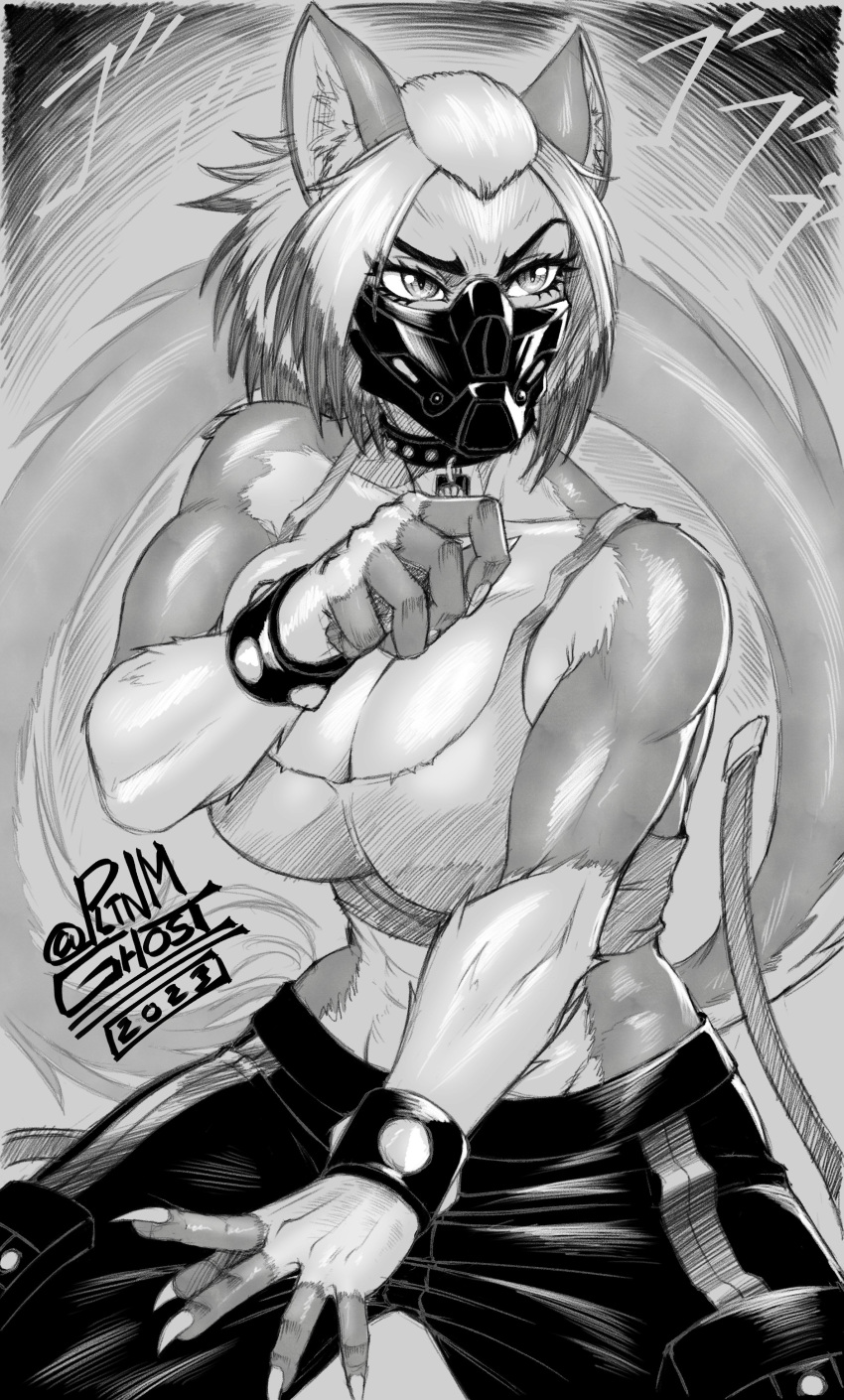 2023 5_fingers absurd_res anthro biceps big_breasts bottomwear breasts cleavage clothed clothing collar face_mask felid feline felis female fighting_pose fingers greyscale hi_res inner_ear_fluff japanese_text mammal meme menacing_(meme) midriff monochrome muscular muscular_female nails pants pltnm06ghost pose sharp_nails shirt signature solo spiked_collar spikes studded_bracelet tank_top text tezza_alterra_(ionic44) topwear tuft wildcat