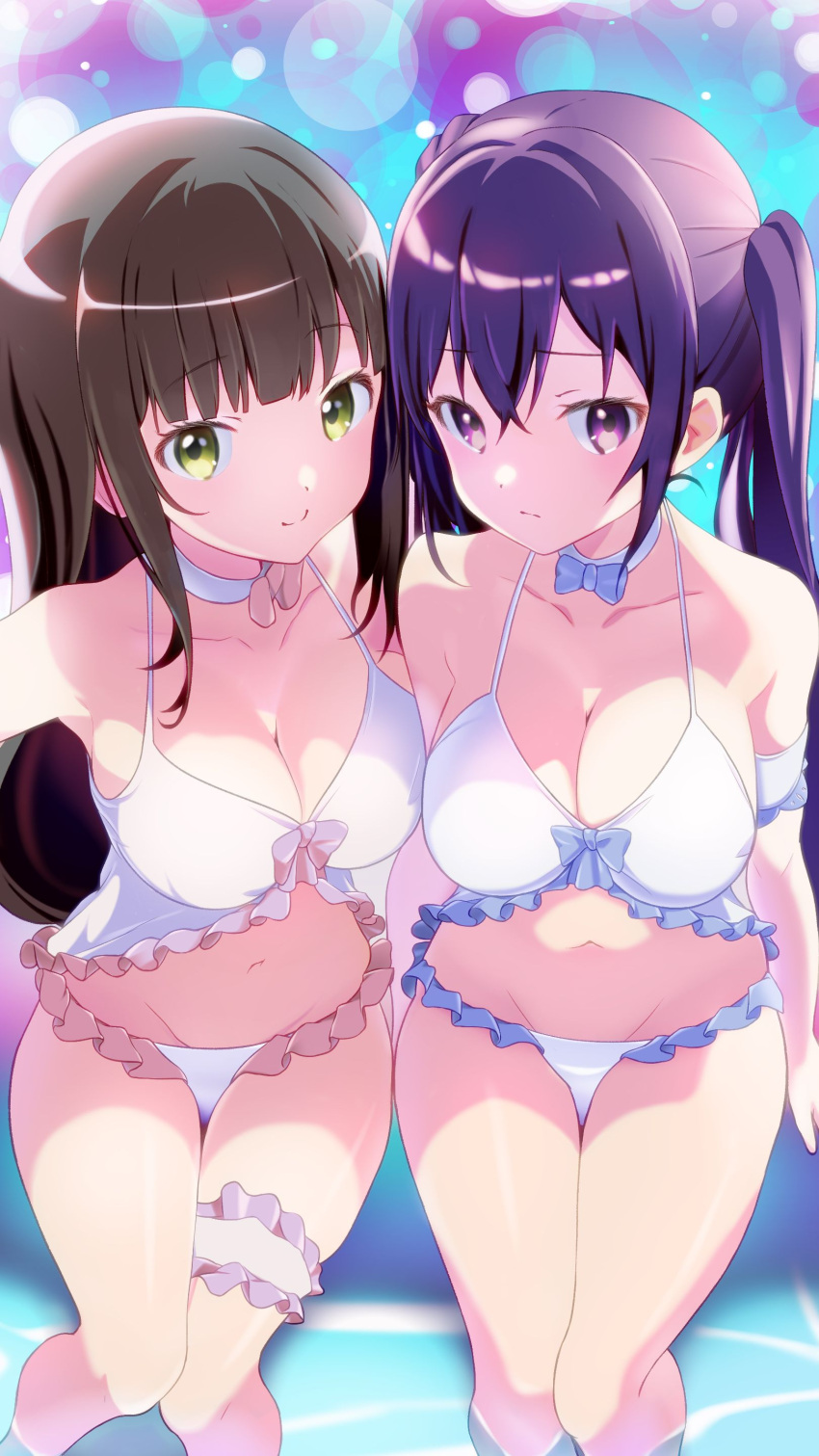 2girls absurdres arm_at_side armpit_crease bare_shoulders bikini blue_bow blue_bowtie blunt_bangs blush bow bow_bikini bowtie breasts brown_hair choker cleavage closed_mouth collarbone commentary_request crossed_bangs curvy eyelashes feet_out_of_frame foreshortening frilled_bikini frilled_straps frills from_above frown gochuumon_wa_usagi_desu_ka? green_eyes groin hair_between_eyes halterneck highres large_breasts long_hair looking_at_viewer multiple_girls navel netarou_(shinra) pink_bow pink_bowtie purple_eyes purple_hair shiny_skin side-by-side simple_background sitting smile soaking_feet stomach swimsuit tareme tedeza_rize thigh_gap thigh_strap thighs tsurime twintails ujimatsu_chiya very_long_hair water white_bikini white_choker