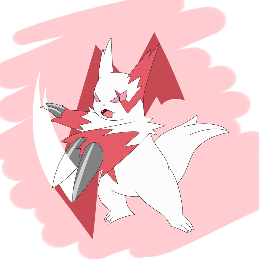 1:1 abstract_background absurd_res ambiguous_gender anthro attack big_claws claws cute_fangs fur generation_3_pokemon hi_res kamek_sans looking_at_viewer markings nintendo pokemon pokemon_(species) red_body red_fur red_markings red_sclera solo white_body white_fur zangoose
