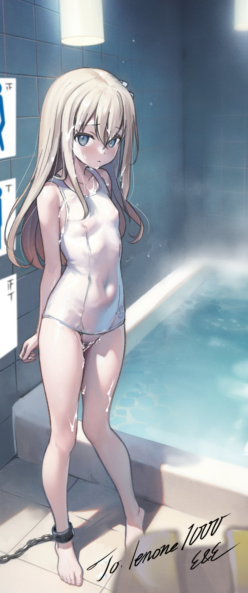 1girl absurdres after_sex ankle_cuffs barefoot bathtub blonde_hair blue_eyes breasts chain closed_mouth commentary_request commission covered_navel covered_nipples cum cum_in_mouth cum_on_body cum_on_clothes cum_on_hair cumdrip eckert&amp;eich full_body highres indoors kantai_collection long_hair looking_at_viewer one-piece_swimsuit school_swimsuit sign skeb_commission small_breasts solo standing swimsuit tally tile_floor tile_wall tiles toes u-511_(kancolle) white_one-piece_swimsuit