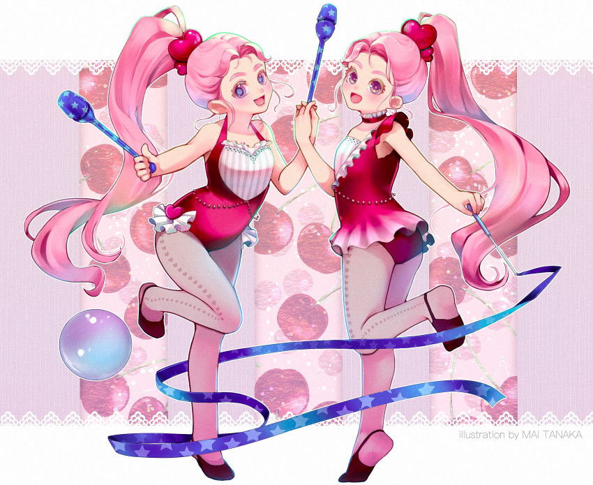 2girls :d absurdres artist_name ass blue_eyes blue_ribbon check_commentary cherry commentary_request food fruit gymnastics hair_ornament heart heart_hair_ornament highres juggling_club leotard long_hair multiple_girls original pink_eyes pink_hair ponytail red_leotard rhythmic_gymnastics ribbon ribbon_baton smile snails0106 standing very_long_hair