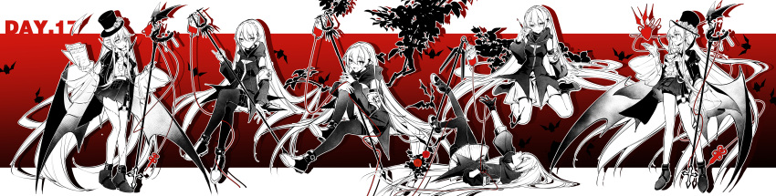 1girl :d absurdly_long_hair absurdres arknights bat_(animal) bat_wings belt_buckle blood blood_bag branch buckle flower frilled_shirt frills fy_fei_xiao_ya gloves gradient_background hand_on_own_knee highres holding holding_paper holding_staff holding_syringe invisible_chair leg_up long_hair looking_at_viewer lying multiple_views o-ring o-ring_thigh_strap on_back on_floor paper red_background rose shirt shoes silhouette simple_background sitting skirt smile sneakers spot_color staff standing syringe thigh_strap thighhighs very_long_hair vial warfarin_(arknights) warfarin_(the_feast)_(arknights) wariza white_background wings