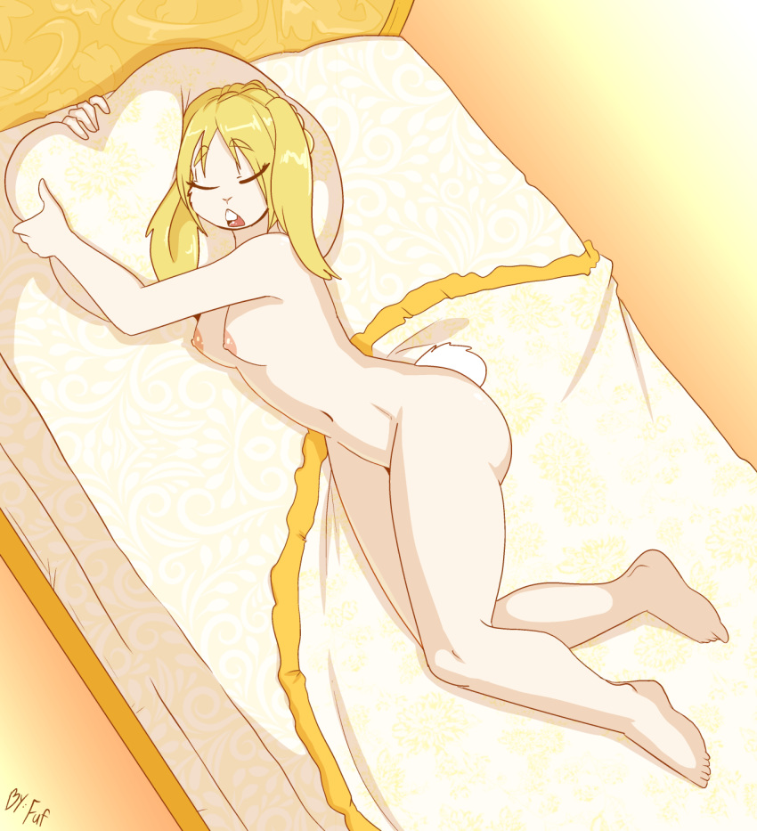 anthro areola bed bed_sheet bedding biped blonde_hair breasts buckteeth eyebrows eyes_closed female floppy_ears fuf furniture hair hi_res inside lagomorph leporid lying lying_on_bed mammal navel nipples nude on_bed on_side open_mouth pillow plantigrade rabbit scut_tail short_hair short_tail sleeping small_breasts solo tail teeth tongue white_body