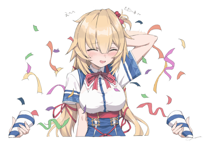 absurdres akai_haato blush bow bowtie breasts closed_eyes confetti dress embarrassed fingernails hair_ornament heart heart_hair_ornament highres hololive large_breasts long_hair party_popper red_bow red_bowtie scratching_head signature virtual_youtuber white_background yo_na