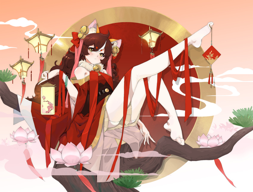 1girl ahoge animal_ear_fluff bare_shoulders bell between_toes blush branch brown_hair brown_skirt closed_mouth commentary feet full_body fur_trim gold_trim gradient_background hair_bell hair_between_eyes hair_ornament hair_ribbon hand_up head_tilt highres holding japanese_clothes kimono knees_up leg_up legs light_brown_background long_hair looking_at_viewer miniskirt mitarashi_(mita) multicolored_hair neck_bell neck_ribbon no_shoes obi off_shoulder original outdoors pantyhose pleated_skirt red_kimono red_ribbon ribbon sash shadow short_eyebrows sitting skirt skirt_under_kimono solo streaked_hair tabi thick_eyebrows thighs toes tree white_background white_hair white_pantyhose wide_sleeves yellow_eyes