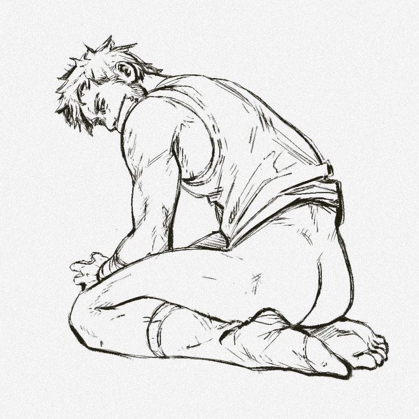1boy ass bara beard bottomless constantine dc_comics facial_hair frown gag greyscale improvised_gag john_constantine looking_at_viewer male_focus mature_male messy_hair monochrome short_hair sketch smokerichi socks solo tank_top tape tape_gag toned toned_male