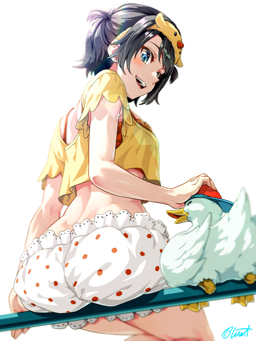 1girl ass black_hair bloomers blue_eyes bra bra_peek bra_strap breasts buru-dai commentary_request crop_top crop_top_overhang cropped_shirt dimples_of_venus foreshortening hairband highres hololive looking_at_animal loungewear median_furrow medium_breasts midriff narrow_waist official_alternate_costume official_alternate_hairstyle oozora_subaru oozora_subaru_(7th_costume) open_mouth orange_bra petting polka_dot polka_dot_bloomers shirt short_hair short_sleeves signature sitting_on_railing smile solo subaru_duck swept_bangs two_side_up underwear virtual_youtuber white_bloomers wide_hips yellow_hairband yellow_shirt