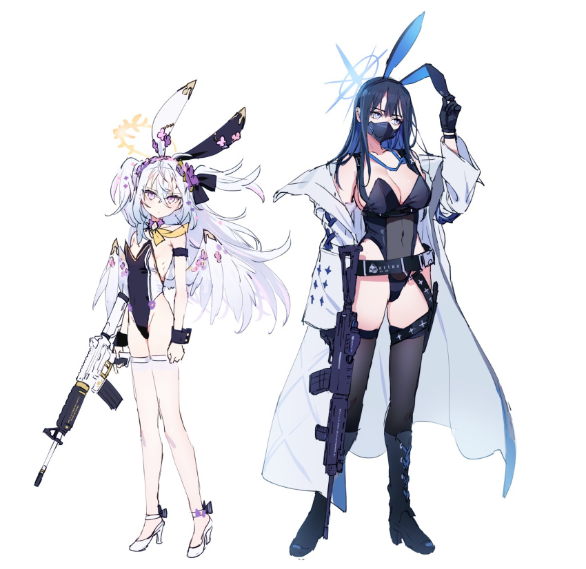 2girls animal_ears assault_rifle azusa_(blue_archive) black_mask blue_archive boots breasts coat crossed_bangs flat_chest flower gun hair_flower hair_ornament halo high_heel_boots high_heels highres jacket large_breasts long_hair low_wings m4_carbine mameojitan mask mouth_mask multiple_girls neckerchief open_clothes open_jacket playboy_bunny purple_flower rabbit_ears rifle saori_(blue_archive) sig_516 sig_sauer snap-fit_buckle thighhighs weapon white_background white_coat white_hair white_wings wing_ornament wings yellow_neckerchief