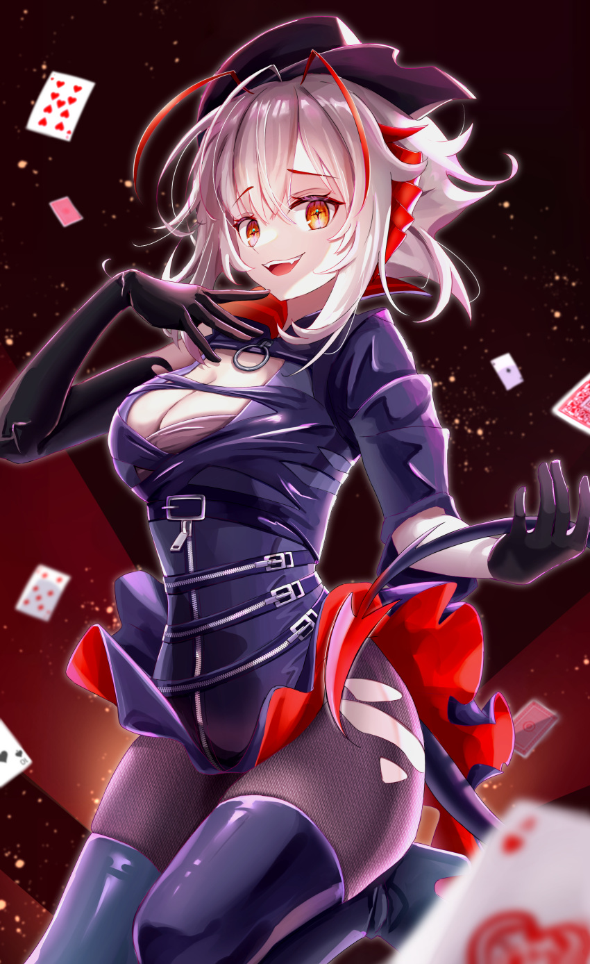 1girl absurdres ace_(playing_card) ace_of_hearts ace_of_spades ambience_synesthesia antenna_hair arknights black_background black_footwear black_headwear black_jacket black_pantyhose blurry blurry_foreground boots breasts card cleavage cleavage_cutout clothing_cutout commentary_request cross-shaped_pupils demon_girl demon_horns demon_tail gradient_background hand_on_own_chest hand_up hat heart highres horns jacket large_breasts nine_of_hearts open_mouth pantyhose playing_card red_background red_hair riu_kawano short_hair simple_background solo spade_(shape) symbol-shaped_pupils tail teeth thigh_boots upper_teeth_only w_(arknights) white_hair yellow_eyes