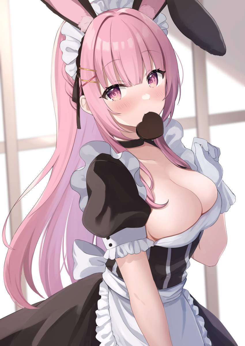 1girl absurdres animal_ears apron black_choker black_dress blush breasts candy chocolate choker cleavage commission dress food food_in_mouth frilled_apron frills gloves hair_ornament heart heart-shaped_chocolate highres indie_virtual_youtuber large_breasts long_hair maid maid_apron maid_headdress okiq pink_eyes pink_hair puffy_short_sleeves puffy_sleeves rabbit_ears short_sleeves skeb_commission solo white_gloves