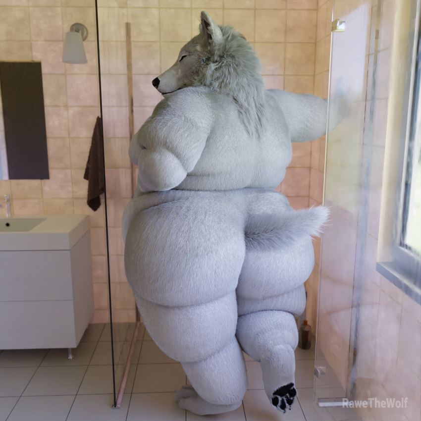 2023 3d_(artwork) anthro bathroom bathroom_floor bathroom_sink bathroom_wall belly belly_overhang big_belly big_butt big_moobs black_nails butt canid canine canis cheek_tuft claws colored_nails digital_media_(artwork) facial_tuft fangs fat_arms fat_rolls fluffy from_behind_position fur glass_surface hand_on_stomach hi_res huge_belly inside looking_at_viewer male mammal moobs nails nude obese obese_anthro obese_male overweight overweight_anthro overweight_male pawpads pinup pose presenting presenting_hindquarters rawethewolf rear_view reflection sex smile smiling_at_viewer solo squish standing teeth thick_arms thick_thighs tuft white_body white_fur wolf yellow_eyes