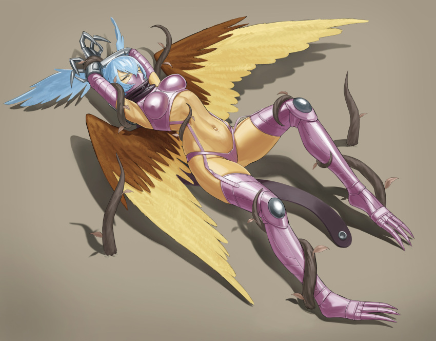 1girl absurdres armpits arms_up bikini black_scarf blue_hair bound bound_wrists breasts claws closed_eyes commentary_request commission covered_nipples digimon digimon_(creature) feathered_wings full_body garter_straps gauntlets gloves hair_between_eyes hair_wings highres kaiseirun leaf long_hair mask medium_breasts mouth_mask navel pixiv_commission plant purple_bikini purple_footwear purple_gloves restrained ryona scarf shadow shoulder_pads shutumon sidelocks simple_background skindentation solo stomach sweat swimsuit thigh_gap vine_bondage vines wings