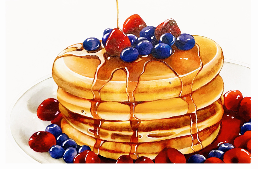 blueberry derivative_work food food_focus fruit highres marker_(medium) no_humans original pancake pancake_stack plate raspberry still_life strawberry syrup traditional_media user_ndjc2237