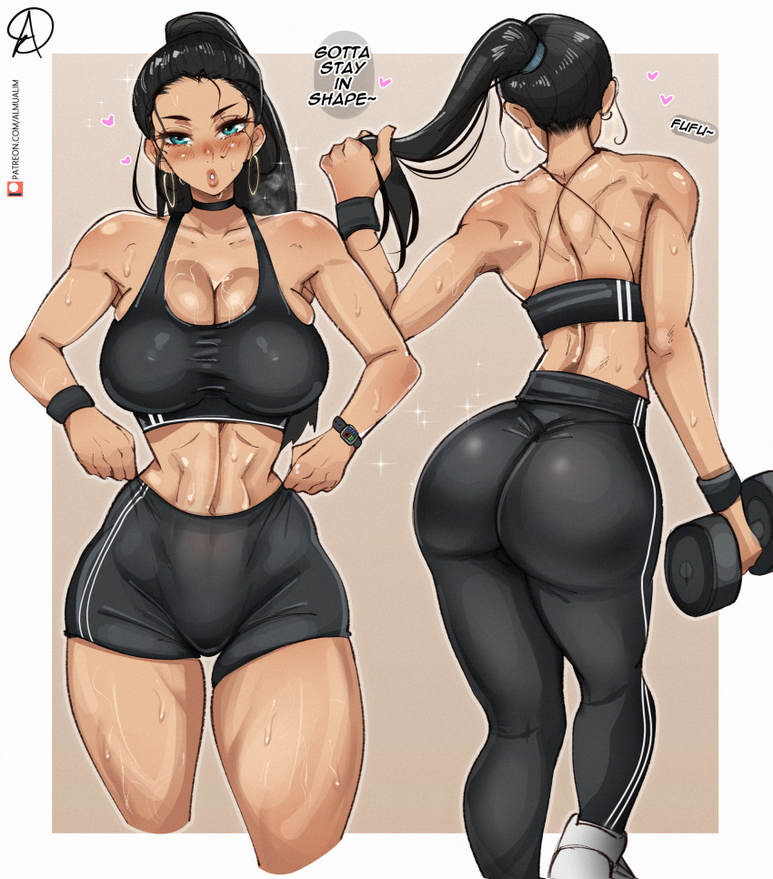 1girl absurdres almualim back black_hair blue_eyes border breasts breath choker cleavage clothes_pull collarbone dumbbell earrings english_commentary english_text gym_shorts gym_uniform hand_in_own_hair heart highres hoop_earrings jewelry large_breasts lips multiple_views muscular muscular_female nico_robin one_piece pants parted_lips patreon_username ponytail shorts shorts_pull signature simple_background sparkle sports_bra stomach sweat tan thighs track_pants very_sweaty white_border