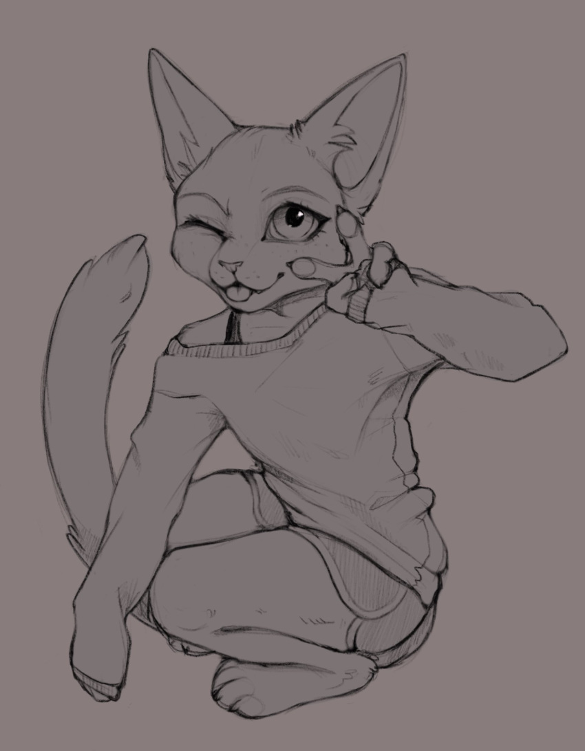 2023 anthro blep bottomwear clothed clothing crouching domestic_cat felid feline felis female fully_clothed fur gesture hi_res inner_ear_fluff looking_at_viewer mammal one_eye_closed shorts simple_background solo tongue tongue_out tuft v_sign wink yshanii