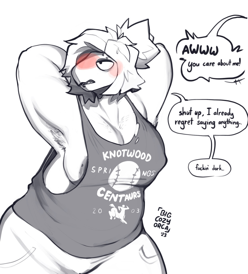 anthro areola areola_slip armpit_hair big_breasts bigcozyorca blush bodily_fluids body_hair bottomwear breasts clothed clothing dialogue female greyscale hands_behind_head hi_res monochrome offscreen_character pants shirt sketch slightly_chubby solo speech_bubble sweat sweatdrop tank_top topwear tsundere unknown_species