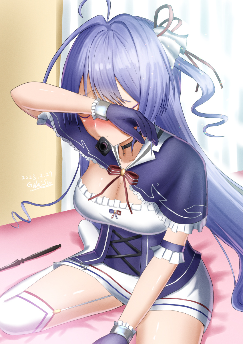 1girl absurdres ahoge azur_lane bed breasts capelet cleavage commission condom covering_own_eyes garter_straps gekisum glasses gloves hair_ribbon highres l'opiniatre_(azur_lane) long_hair mouth_hold purple_hair ribbon skeb_commission skirt tagme thighhighs wand white_thighhighs