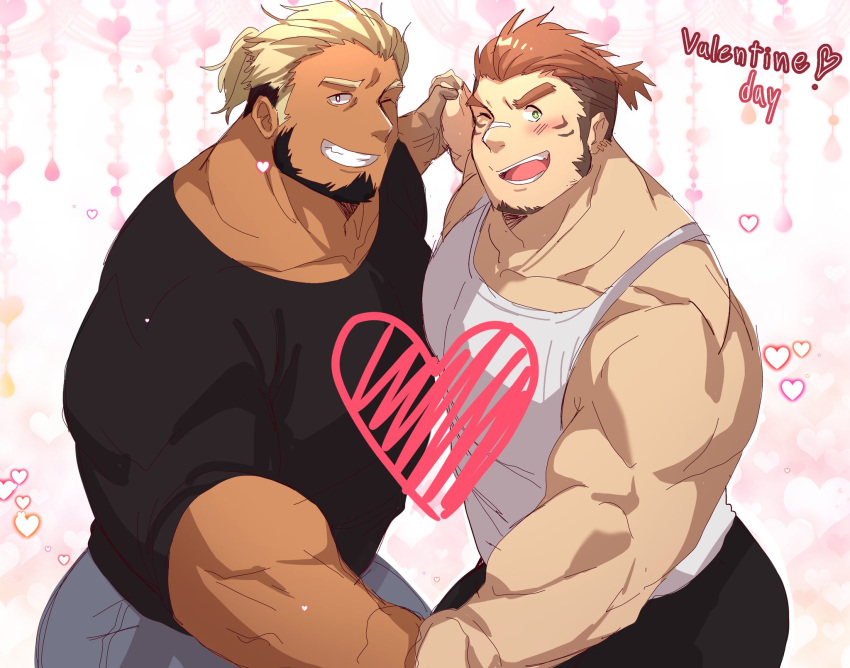 2boys :d bara bare_arms beard black_shirt blonde_hair brown_hair couple denim facial_hair goatee happy_valentine heart highres holding_hands interlocked_fingers jeans large_pectorals leobongnana light_brown_hair long_sideburns male_focus mature_male multicolored_hair multiple_boys muscular muscular_male one_eye_closed original pants pectoral_docking pectoral_press pectorals ponytail shirt short_hair sideburns smile tank_top thick_eyebrows two-tone_hair valentine white_tank_top