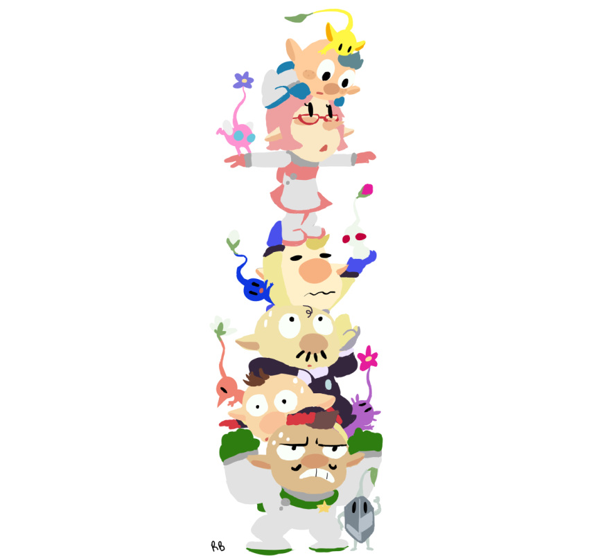 1girl 5boys :o alien alph_(pikmin) backpack badge bag big_nose black_eyes black_footwear black_hair blonde_hair blue_bag blue_eyes blue_hair blue_pikmin blue_skin blue_suit blush_stickers brittany_(pikmin) brown_hair bud buttons charlie_(pikmin) clenched_teeth closed_eyes closed_mouth colored_skin commentary creature dark-skinned_male dark_skin english_commentary everyone facial_hair flexing flower flying freckles frown glasses gloves green_gloves grey_gloves grey_skin hand_on_another's_leg hands_on_another's_arm holding holding_creature human_tower insect_wings leaf looking_at_another looking_up louie_(pikmin) miniskirt mohawk multiple_boys mustache no_headwear no_mouth olimar open_mouth outstretched_arms pikmin_(creature) pikmin_(series) pink_flower pink_gloves pink_hair pink_skin pink_skirt pointy_ears pointy_nose president_(pikmin) purple_flower purple_hair purple_pikmin purple_skin red-framed_eyewear red_bag red_eyes red_gloves red_pikmin red_skin rock rock_pikmin shoes short_hair signature skirt solid_circle_eyes solid_oval_eyes spacesuit stacking standing_on_another's_head star_(symbol) suit sweat teeth transparent_background triangle_mouth unusually_open_eyes urfbownd very_short_hair wavy_mouth white_pikmin white_skin winged_pikmin wings yellow_pikmin yellow_skin