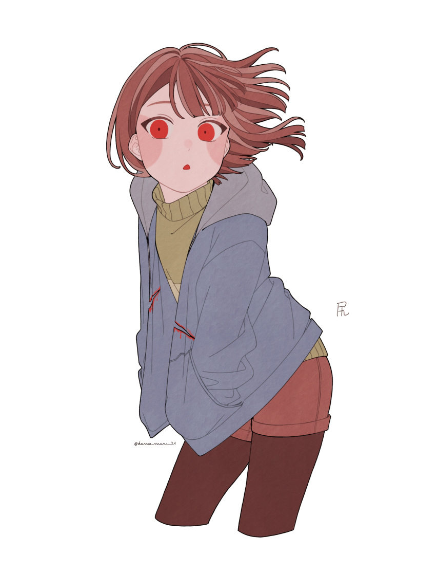 1girl ake_blood blue_jacket blush_stickers brown_hair brown_pantyhose brown_shorts chara_(undertale) commentary dot_nose green_sweater hands_in_pockets highres jacket open_mouth pantyhose red_eyes short_hair shorts signature sweater twitter_username undertale white_background