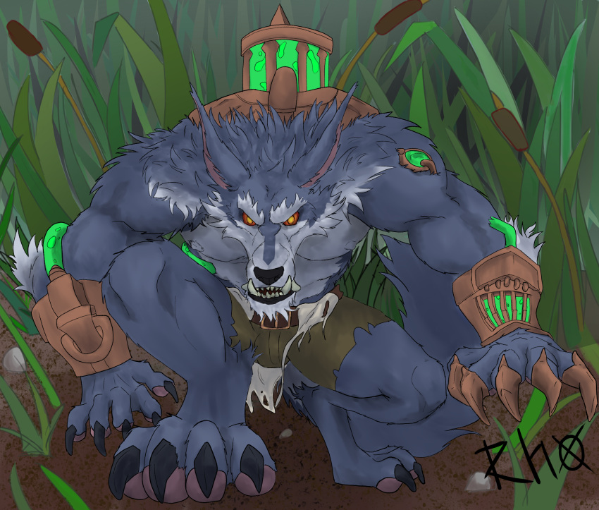 anthro bottomwear breasts bulge canid canine canis claws clothed clothing detailed_background digital_media_(artwork) dirt domestic_dog fangs feet fog forest fur glowing glowing_eyes hi_res jungle league_of_legends looking_at_viewer machine male mammal muscular muscular_anthro muscular_male nipples open_mouth outside pants paws pecs plant rhox riot_games rock shirt simple_background solo tail teeth toes topwear torn_bottomwear torn_clothing torn_pants tree warwick_(lol) white_body white_fur wolf