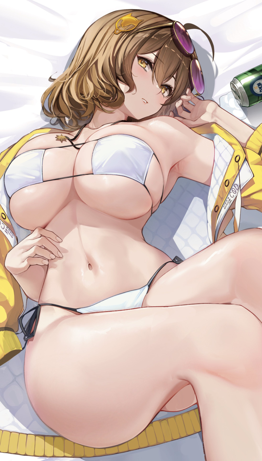 1girl absurdres ahoge anis_(sparkling_summer)_(nikke) bed_sheet bikini breasts brown_eyes brown_hair can collarbone eyepatch_bikini eyewear_on_head goddess_of_victory:_nikke highres jacket large_breasts lying navel off_shoulder official_alternate_costume on_back parted_lips rikiddo_(tise_00) short_hair soda_can solo spill stomach sunglasses swimsuit thighs white_bikini yellow_jacket