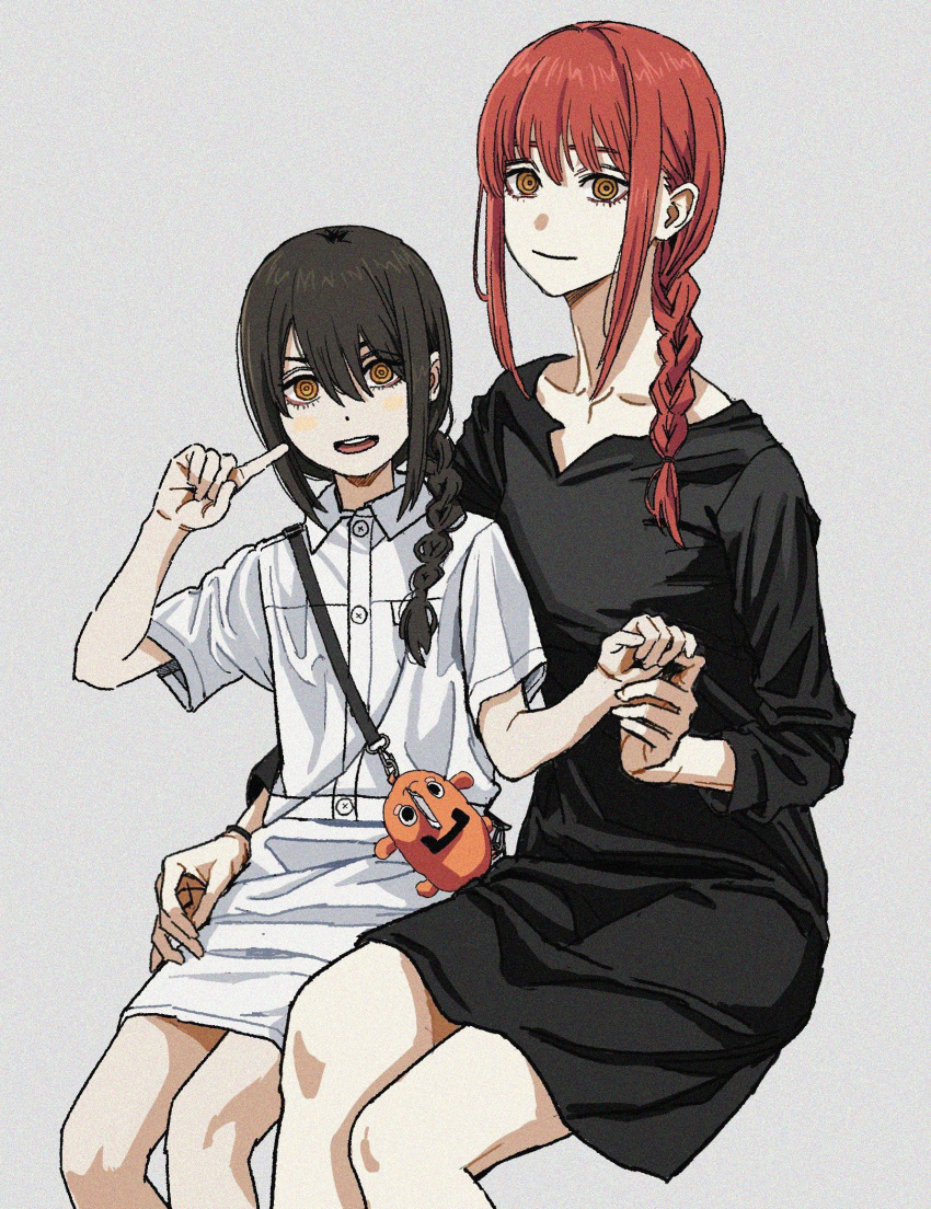 2girls bare_legs black_dress black_hair braid braided_ponytail chainsaw_man collarbone collared_shirt dress feet_out_of_frame finger_to_cheek grey_hair hair_over_shoulder highres holding_hands invisible_chair light_smile looking_at_viewer makima_(chainsaw_man) multiple_girls nayuta_(chainsaw_man) orange_hair pochita_(chainsaw_man) reincarnation ringed_eyes shiren_(ourboy83) shirt short_sleeves sidelocks simple_background sitting skirt smile white_shirt white_skirt