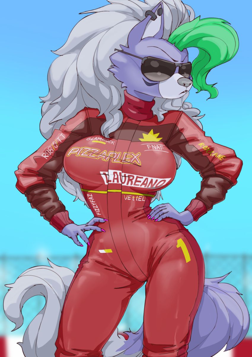 2023 anthro big_breasts breasts canid canine canis clothed clothing colored_nails day digital_media_(artwork) ear_piercing eyewear female five_nights_at_freddy's five_nights_at_freddy's:_security_breach fur hair hi_res laureano light mammal nails piercing racing_suit racing_uniform roxanne_wolf_(fnaf) scottgames simple_background solo steel_wool_studios sunglasses sunlight tail wolf