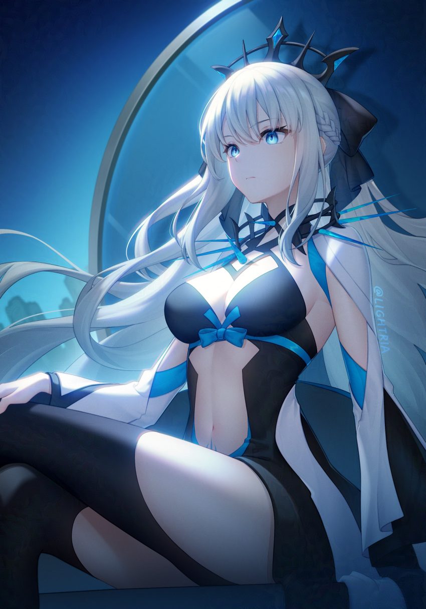 1girl black_bow black_dress black_footwear blue_eyes boots bow braid breasts center_opening cleavage dress fate/grand_order fate_(series) french_braid grey_hair hair_bow highres large_breasts lightria long_hair long_sleeves morgan_le_fay_(fate) navel ponytail sidelocks sitting solo stomach_tattoo tattoo thigh_boots thighs tiara two-tone_dress very_long_hair white_dress wide_sleeves