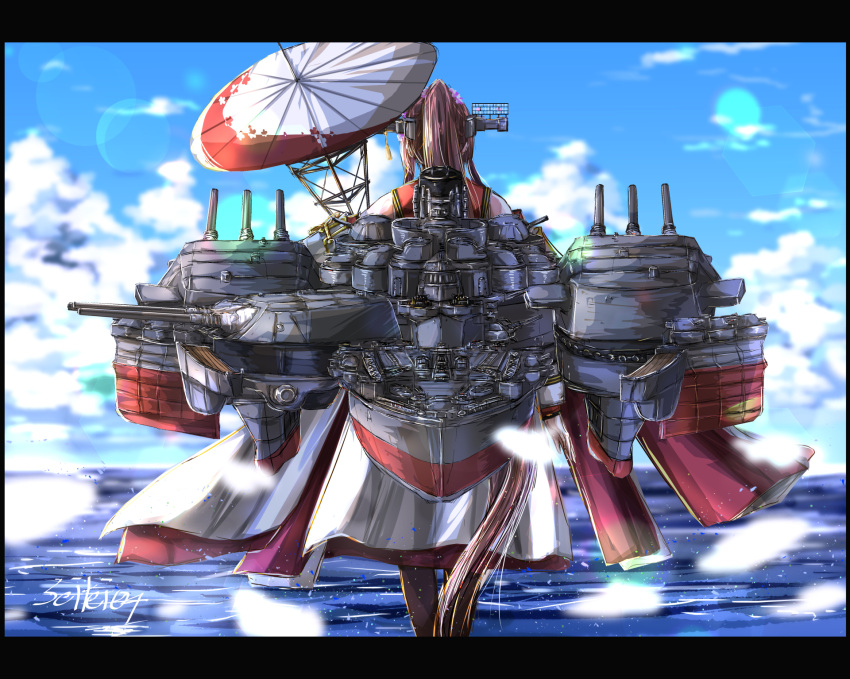 1girl brown_eyes from_behind hair_ornament headgear high_ponytail highres kantai_collection long_hair ocean outdoors seitei_(04seitei) signature sky solo turret umbrella very_long_hair yamato_(kancolle)