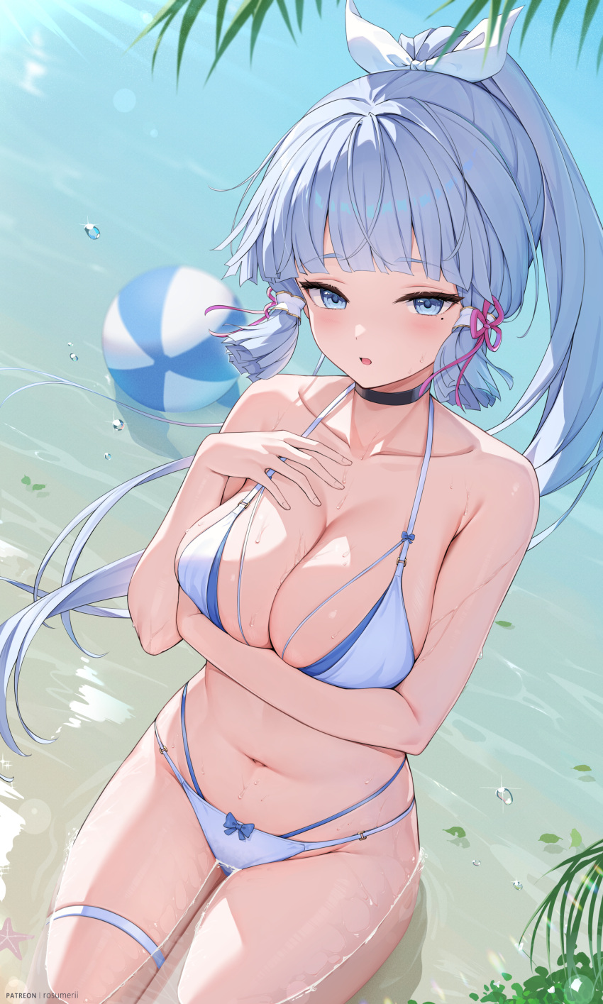 1girl absurdres arm_under_breasts ball bare_shoulders beachball bikini blue_hair blush bow bow_swimsuit breasts cleavage genshin_impact hair_bow hair_ornament highres kamisato_ayaka kneeling large_breasts leaf light_blue_hair long_hair looking_at_viewer mole mole_under_eye ocean outdoors partially_submerged ponytail rosumerii sand solo swimsuit water_drop white_bikini
