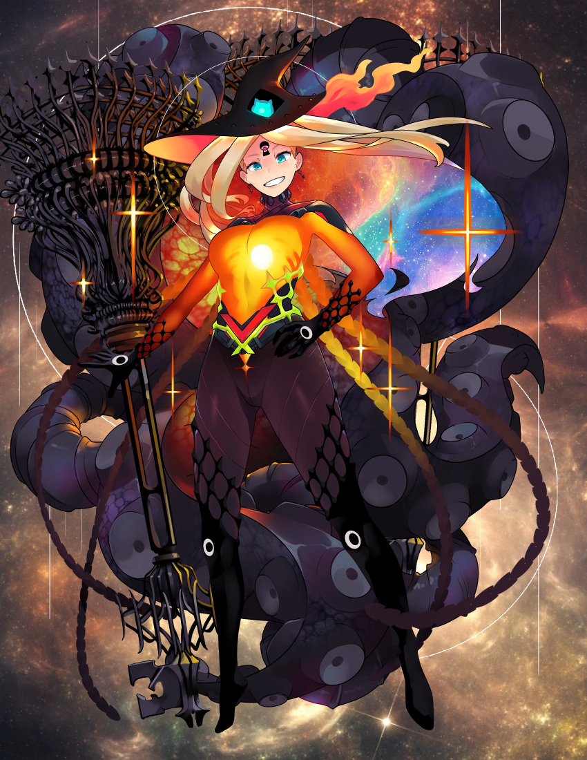 1girl abigail_williams_(fate) absurdres alien blonde_hair blue_eyes blush bow breasts cthulhu_mythos earrings eldritch_abomination fate/grand_order fate_(series) forehead fusion hat highres jewelry key key_earrings keyhole long_hair looking_at_viewer medium_breasts monkey_jon monster original parted_bangs sky smile smirk solo sparkle staff star_(sky) starry_background starry_sky tentacles thighhighs witch witch_hat