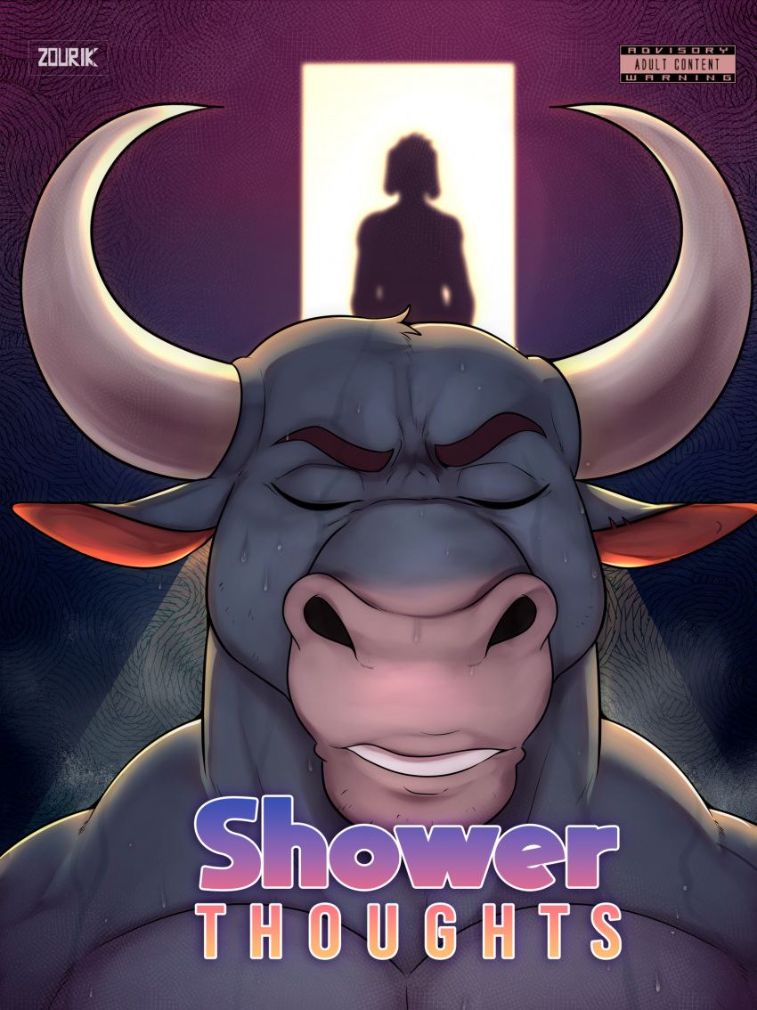 anthro bovid bovine cattle cover cover_art cover_page curved_horn duo eyes_closed fur grey_body grey_fur hi_res horn male mammal muscular muscular_male zourik