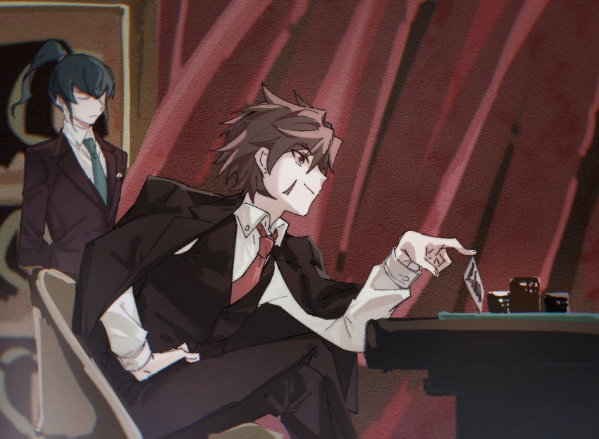 black_hair brown_eyes brown_hair card chiyoruhakucyu curtains desk flynn_(smt4) formal holding holding_card jacket jacket_on_shoulders multiple_boys nanashi_(shin_megami_tensei_iv_final) necktie on_desk playing_card poker_chip sitting sitting_on_desk suit