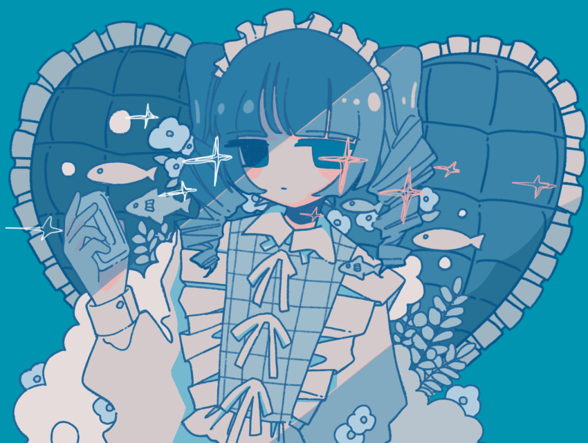 1girl anemone_(flower) bar_soap blue_background blue_eyes blue_hair border dot_mouth drill_hair fish flower frilled_pillow frilled_shirt frills glitch hand_up heart heart_pillow highres holding_soap jitome long_bangs long_hair long_sleeves looking_at_viewer no_pupils original pillow raised_eyebrows shadow shirt simple_background sleeve_cuffs solo sparkle sskitaco twin_drills upper_body white_border white_shirt