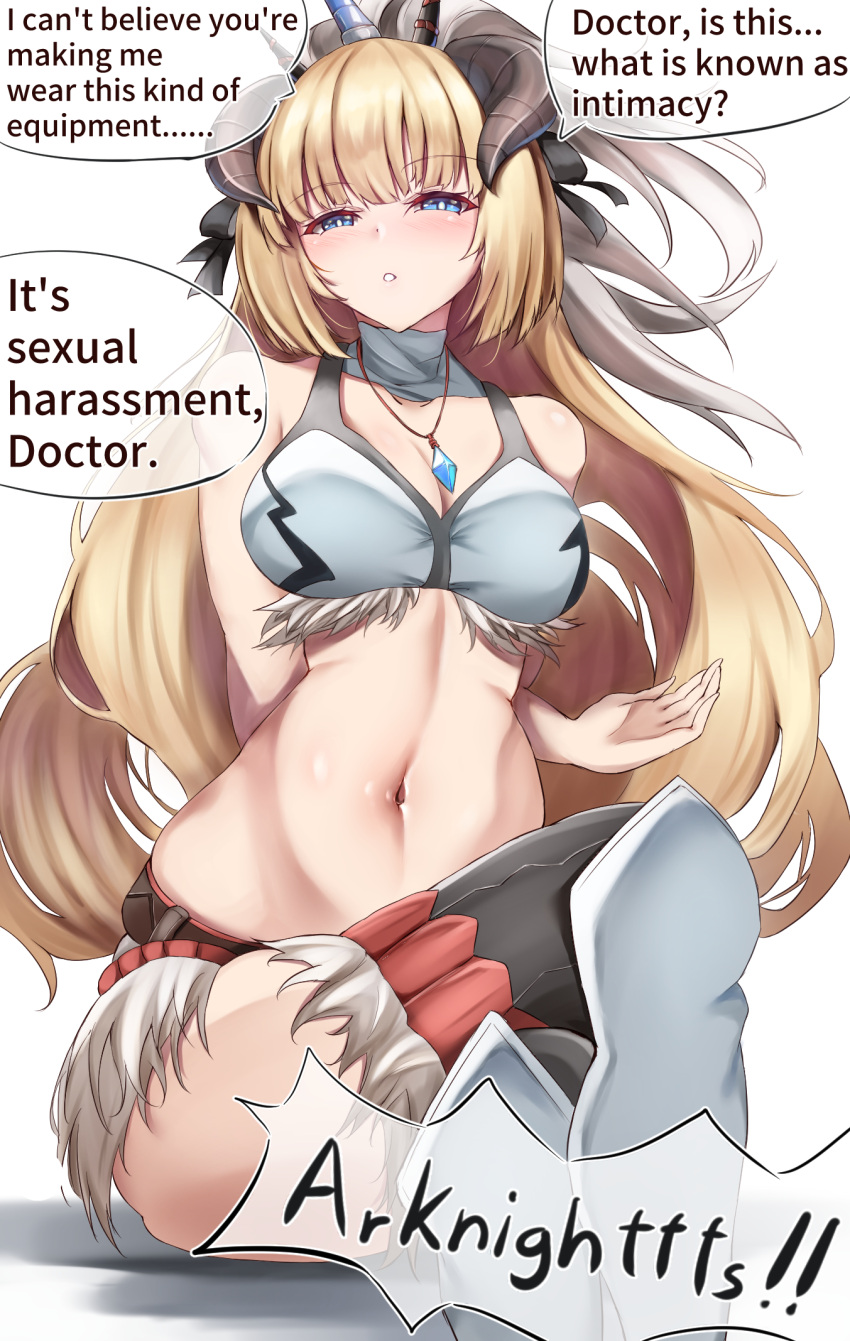 1girl arknights bare_shoulders black_thighhighs blonde_hair blue_eyes breasts cleavage commentary_request cosplay crop_top feet_out_of_frame fur_trim highres horns jewelry kirin_r_yato_(arknights) kirin_r_yato_(arknights)_(cosplay) long_hair looking_at_viewer medium_breasts monster_hunter_(series) navel nightingale_(arknights) parted_lips pendant simple_background sitting solo speech_bubble stomach thighhighs uminekoin_kujira very_long_hair white_background yato_(arknights)