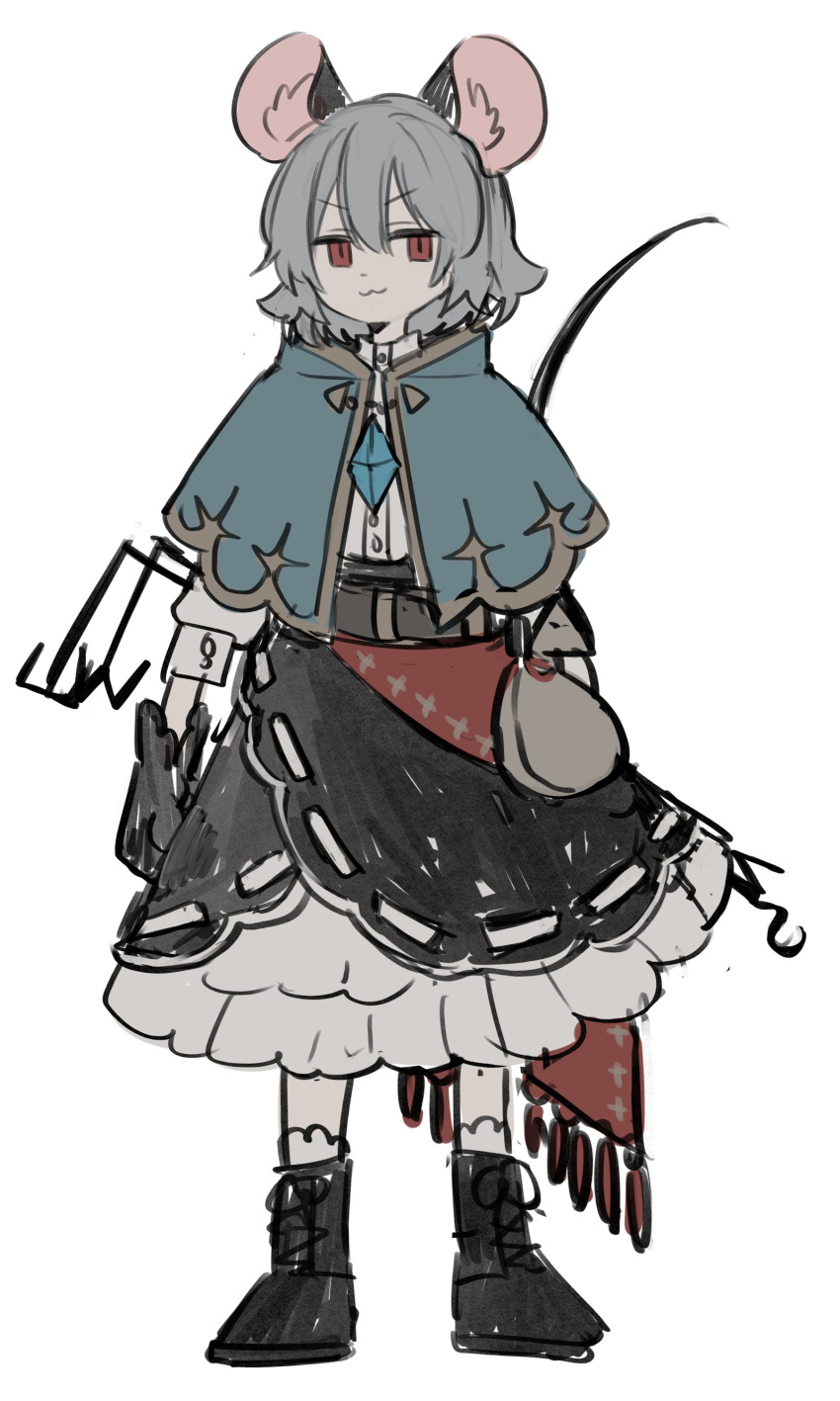 1girl :3 absurdres alternate_costume animal_ears blue_capelet capelet dowsing_rod dress grey_capelet grey_hair highres jewelry long_sleeves mouse_ears mouse_girl mouse_tail nazrin pendant prat_rat red_eyes shirt short_hair skirt smile smirk solo tail touhou