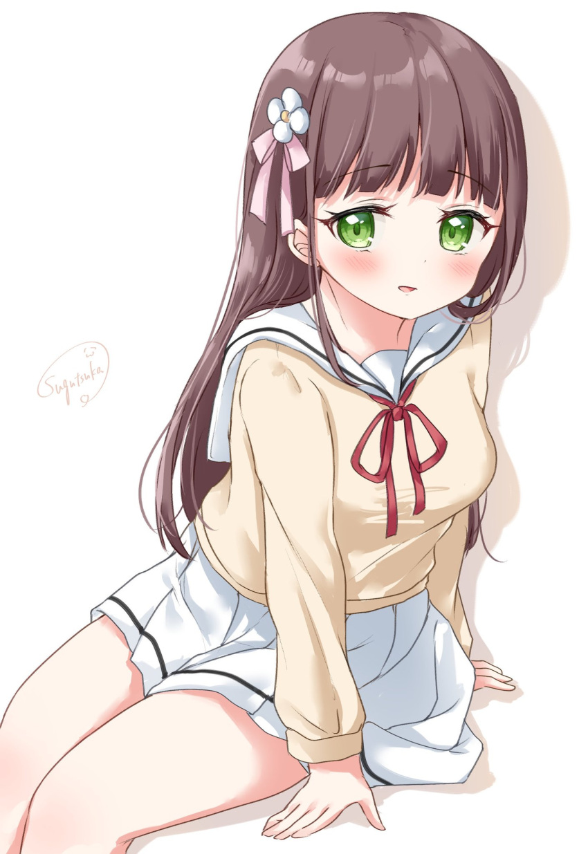 1girl bare_legs blunt_bangs blush brown_hair cardigan gochuumon_wa_usagi_desu_ka? green_eyes hair_ornament highres long_hair looking_at_viewer miniskirt open_mouth sailor_collar school_uniform serafuku shadow sidelocks signature sitting skirt smile solo sugutsuka_rerun ujimatsu_chiya white_background white_skirt