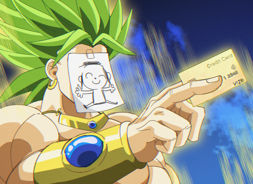 1boy armlet arona's_sensei_doodle_(blue_archive) aura blonde_hair blue_archive broly_(dragon_ball_z) card credit_card dragon_ball dragon_ball_z earrings highres holding holding_card jewelry karaage_(xxxmido02) legendary_super_saiyan muscular muscular_male necklace paper_on_head parody sensei_(blue_archive) spiked_hair super_saiyan topless_male