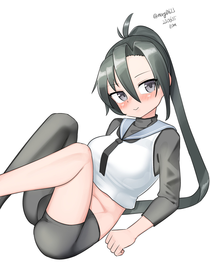 1girl absurdres amagiri_(kancolle) asymmetrical_bangs asymmetrical_legwear facing_viewer grey_eyes grey_hair grey_sailor_collar hair_between_eyes highres kantai_collection long_hair maru_(marg0613) midriff no_eyewear no_pants ponytail sailor_collar shirt sideways_glance simple_background sitting sleeveless sleeveless_shirt solo undershirt very_long_hair white_background