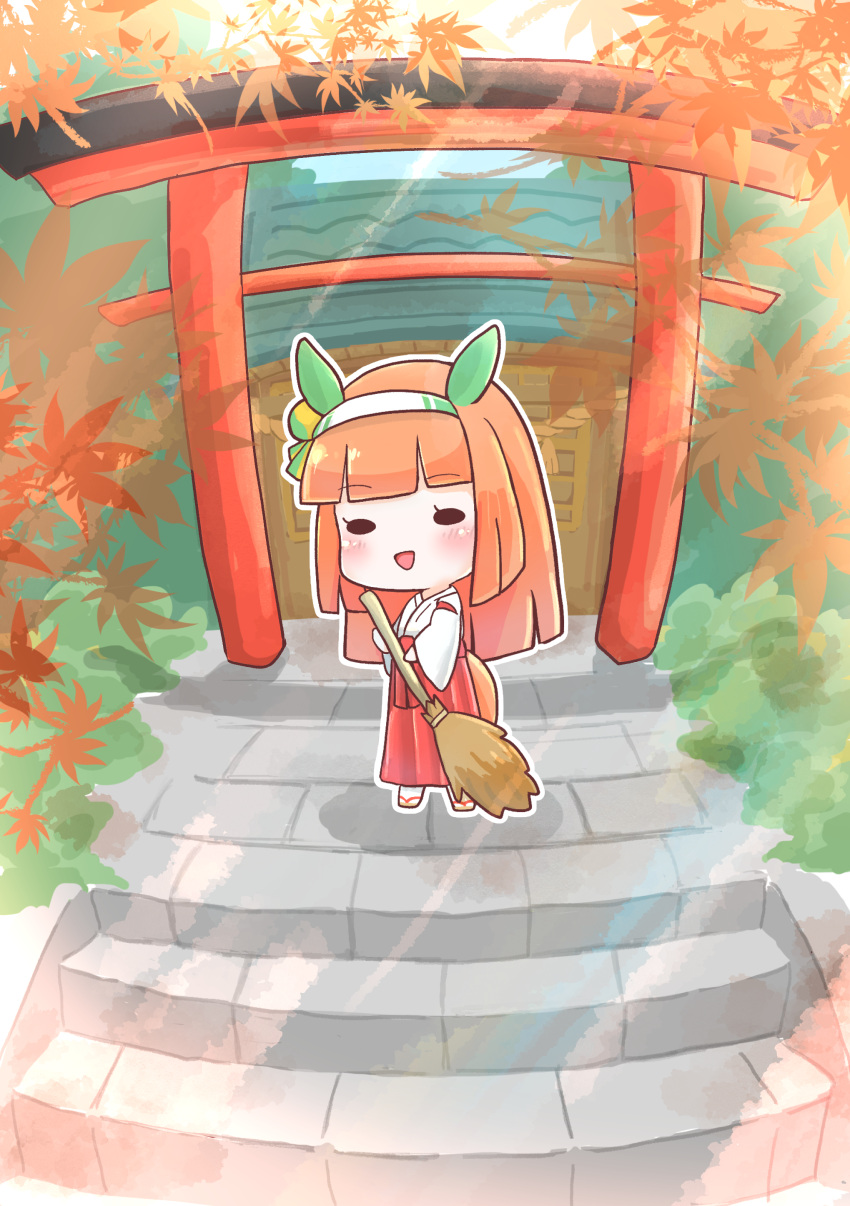 1girl absurdres animal_ears blunt_bangs blush broom chibi chokueji cleaning grass hair_ornament hairband hakama highres hime_cut holding holding_broom horse_ears horse_girl horse_tail japanese_clothes leaf maple_leaf miko orange_hair red_hakama sandals shrine silence_suzuka_(umamusume) solo stairs stone_stairs tail torii umamusume