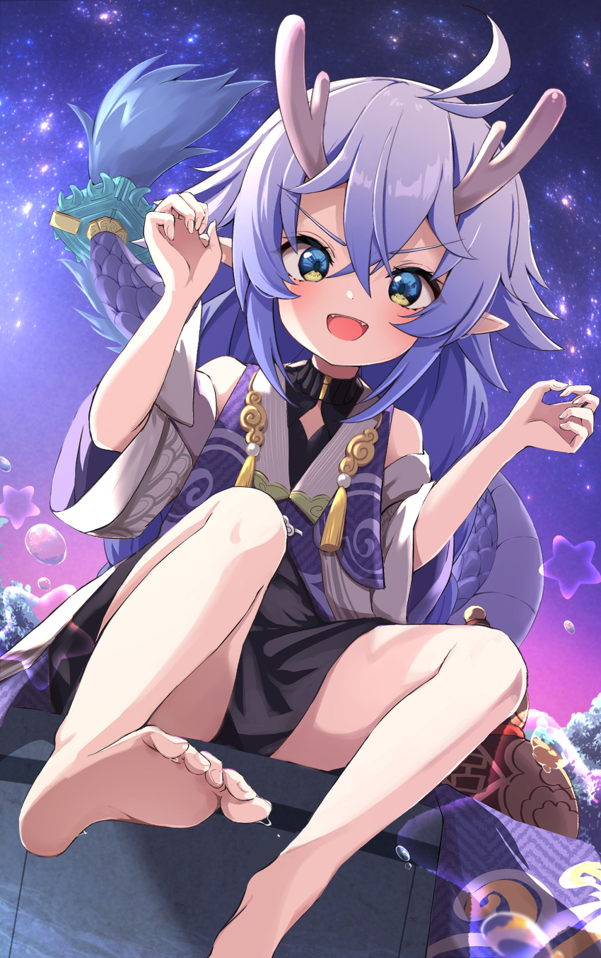 1girl :d ass bailu_(honkai:_star_rail) barefoot braid chinese_clothes commentary_request detached_sleeves dragon dragon_girl dragon_horns dragon_tail eastern_dragon fumi_(fumibeing) gourd hair_between_eyes highres honkai:_star_rail honkai_(series) horns long_hair long_sleeves looking_at_viewer low_twintails night night_sky outdoors sidelocks sitting sky smile soles solo star_(sky) starry_sky tail tail_ornament tail_ring toes twin_braids twintails wide_sleeves