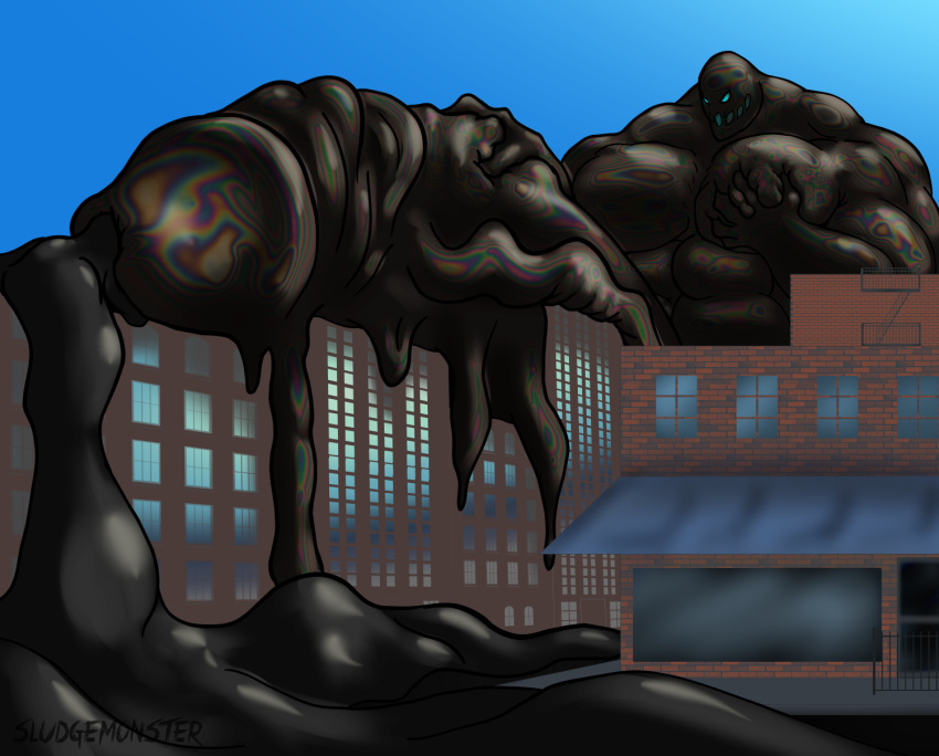 absorption_vore big_penis bodily_fluids building destruction destruction_of_property genital_fluids genitals glans hi_res huge_penis humanoid hyper hyper_genitalia hyper_penis macro male monster muscular oil pec_grab penis slime sludge sludge_monster solo tar_creature vore