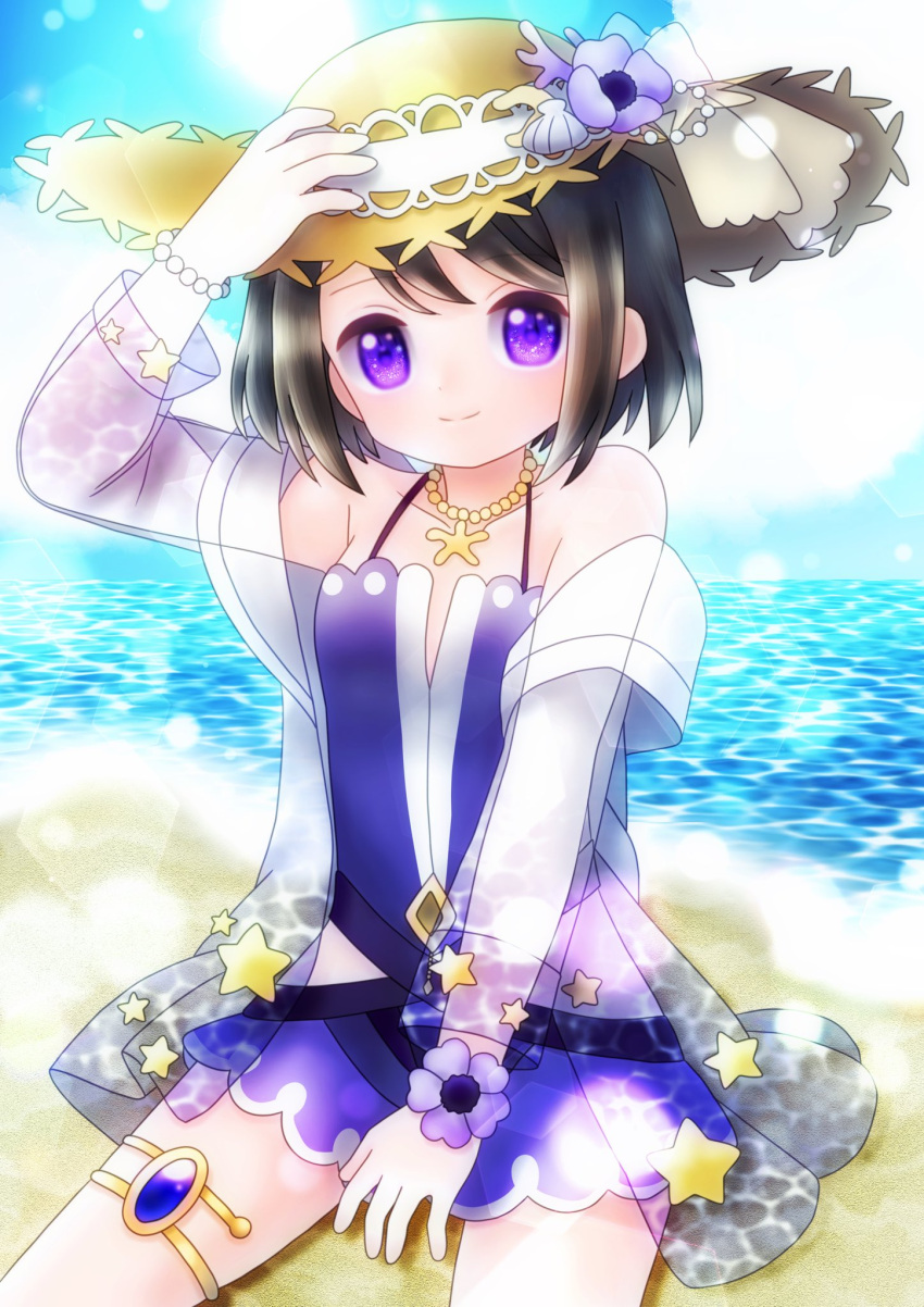 1girl arm_up bead_bracelet bead_necklace beads between_legs black_hair blue_sky blush bracelet closed_mouth coral_hat_ornament cowboy_shot dot_nose flower flower_bracelet gem hand_between_legs hand_on_headwear hat hat_flower hat_ribbon highres jacket jewelry katsuonoeboebo kuroe_(madoka_magica) kuroe_(swimsuit_ver.)_(madoka_magica) long_sleeves looking_at_viewer magia_record:_mahou_shoujo_madoka_magica_gaiden mahou_shoujo_madoka_magica necklace off_shoulder official_alternate_costume one-piece_swimsuit outdoors print_jacket purple_flower purple_gemstone purple_one-piece_swimsuit ribbon see-through see-through_jacket shell_hat_ornament short_hair side_cutout sitting sky smile solo spaghetti_strap split_mouth star_(symbol) star_print straw_hat swept_bangs swimsuit swimsuit_skirt thighlet water white_jacket white_ribbon yellow_headwear